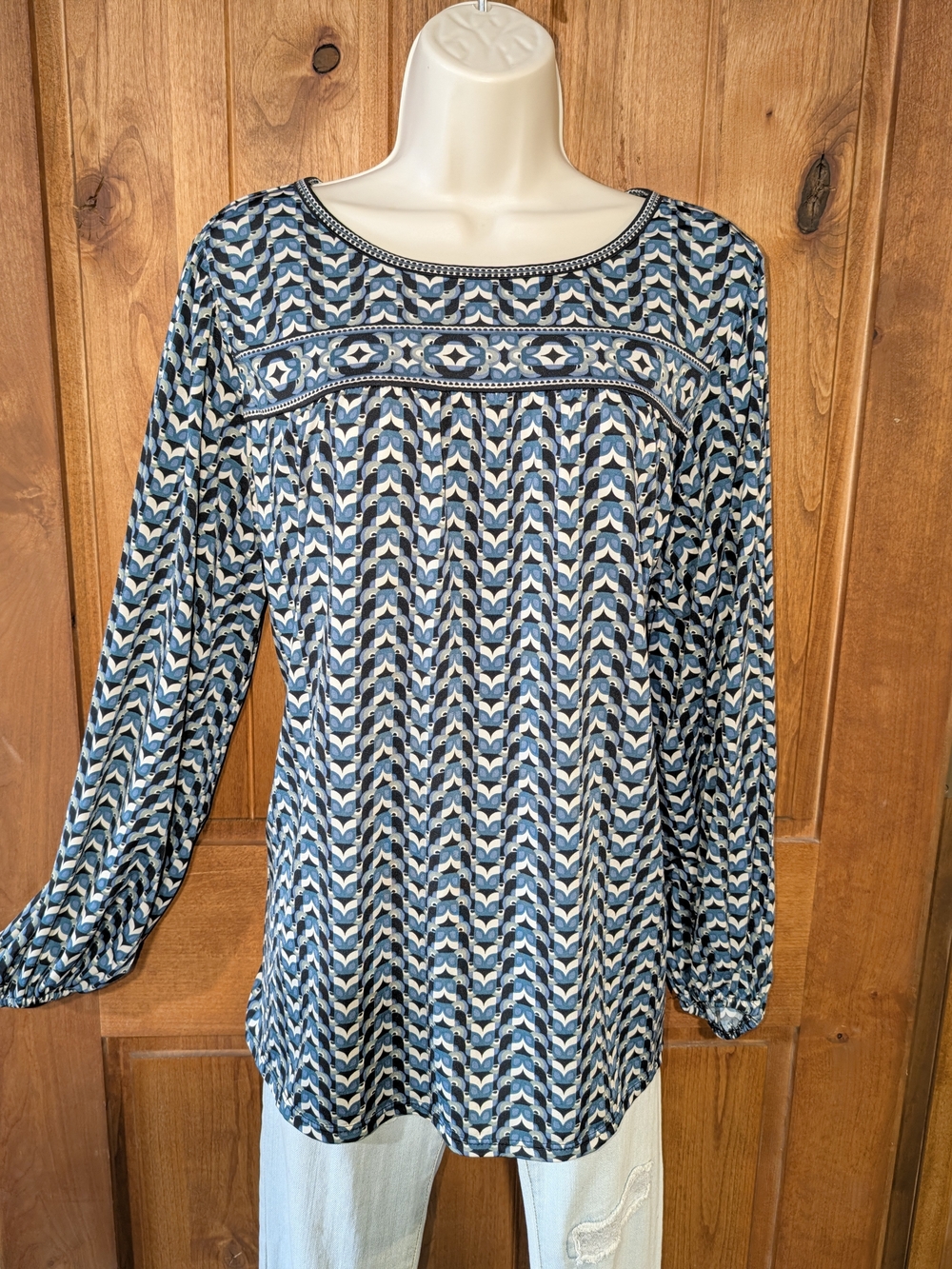 Max Studio Blue and White Printed Long-Sleeve Blouse
